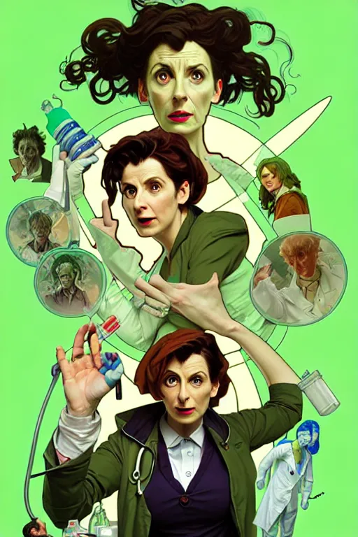 Image similar to doctor who, woman, as a mad dentist, on a plain green background, art by artgerm and greg rutkowski and alphonse mucha