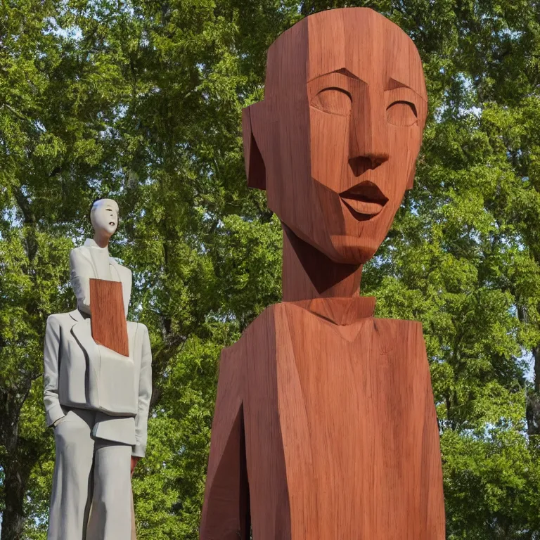 Prompt: enormous geometric minimalist accurate standing figurative sculpture of park shin - hye, beautiful symmetrical!! face accurate face detailed face realistic proportions, hand - carved out of mahogany wood on a pedestal by stephan balkenhol and martin puryear, cinematic lighting shocking detail 8 k