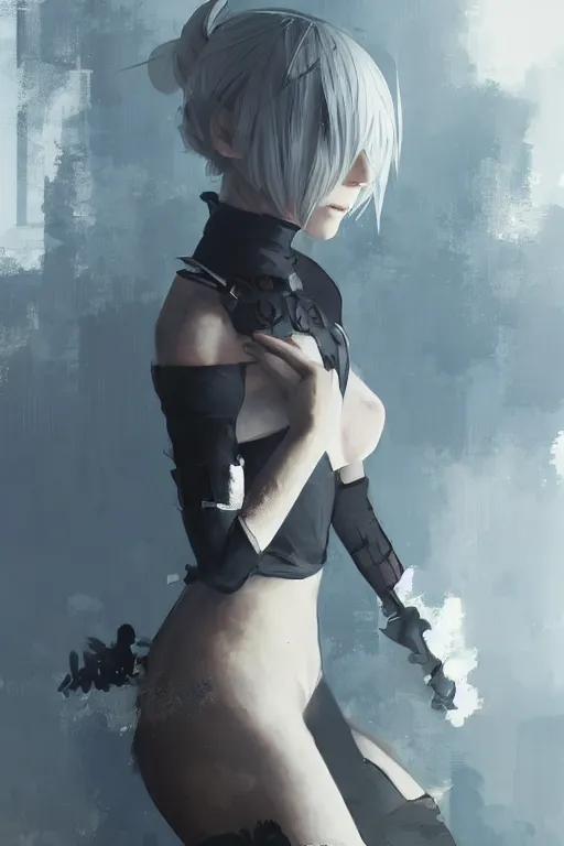 Image similar to a ultradetailed beautiful portrait panting of 2 b from nier automata, by conrad roset, greg rutkowski and makoto shinkai trending on artstation