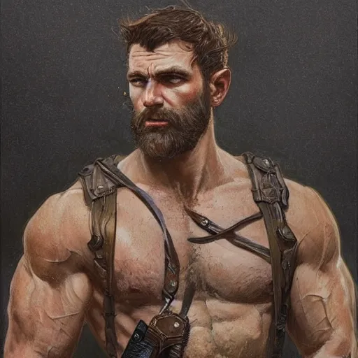 Image similar to portrait of a rugged ranger, muscular, upper body, hairy torso, D&D, fantasy, intricate, elegant, highly detailed, digital painting, artstation, concept art, matte, sharp focus, illustration, art by Artgerm and Greg Rutkowski and Alphonse Mucha