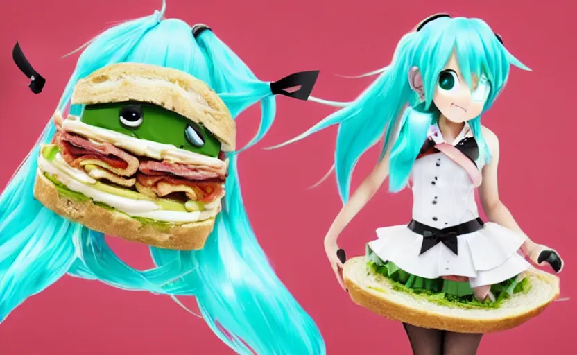 Prompt: Hatsune Miku inside a sandwich with bacon and too much mayonnaise