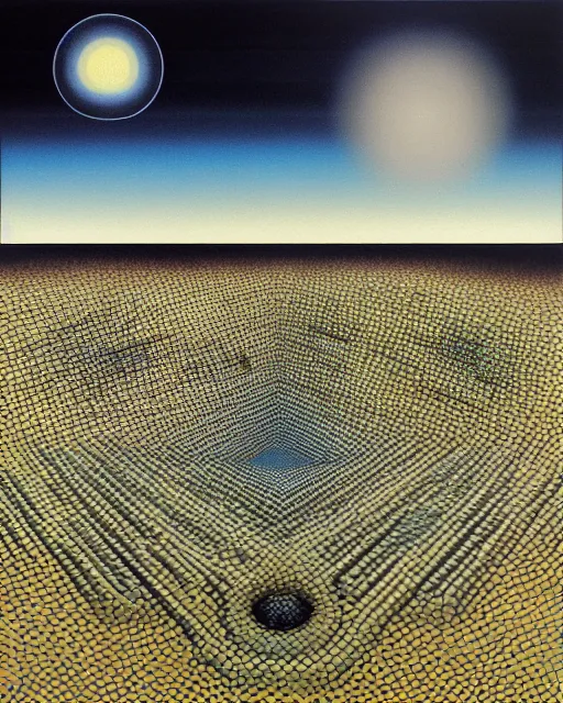 Prompt: a surrealist techno landscape made of synthesizer textures and parts, Jean-michel Jarre Oxygene, 1979, surrealist, photorealistic painting, highly detailed, moody, psychedelic, rule of thirds, golden ratio, 6:3:1