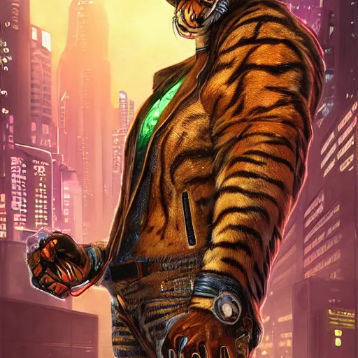 Image similar to a beautfiul award winning commission portrait of an anthro tiger in the neon cyberpunk city at night,wearing a leather jacket,glow effect,detailed face,photorealistic,character design by charles bowater,ross tran,deviantart,artstation,digital art,hyperdetailed,realistoc,western comic style,vfx,dramatic