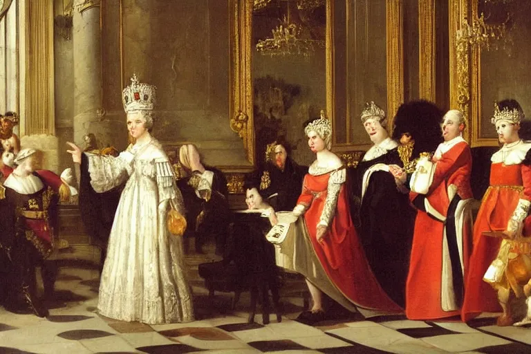 Image similar to the queen of england surrrounded by her court, painting by le nain