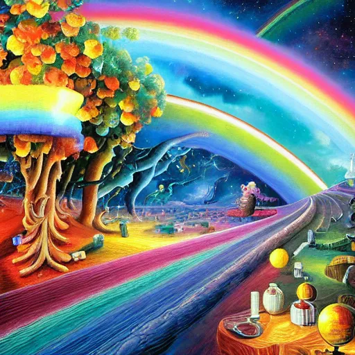 Prompt: rainbow road by james christensen, rob gonsalves, paul lehr, leonid afremov and tim white