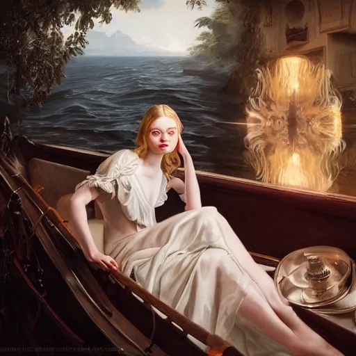 Prompt: leyendecker and peter paul rubens, head and shoulders portrait of a elle fanning, nighttime, on a boat, unreal engine, fantasy art by global illumination, radiant light, detailed and intricate environment