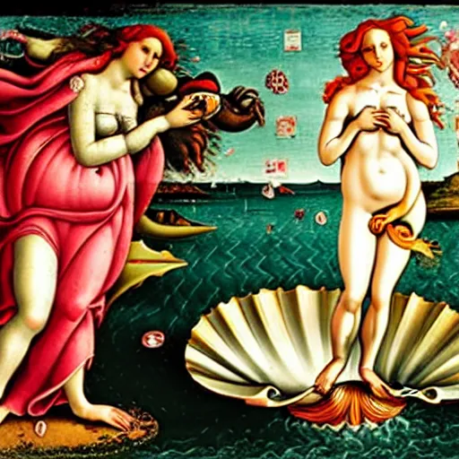 Image similar to birth of venus boticelli. emergeing from a sandwich. venus emerging from sandwich.