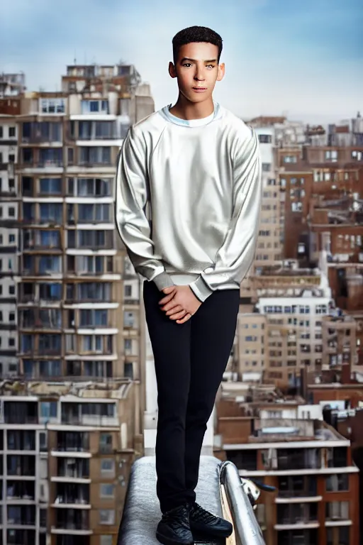 Image similar to un ultra high definition studio quality photographic art portrait of a young man standing on the rooftop of a british apartment building wearing soft padded silver pearlescent clothing. three point light. extremely detailed. golden ratio, ray tracing, volumetric light, shallow depth of field. set dressed.