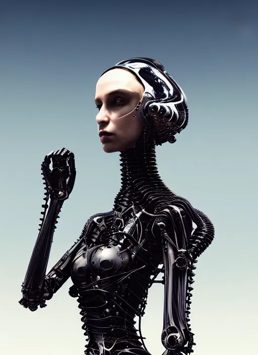 Image similar to desert, catwalk, iris van herpen gothic inflateble dark dress, perfect symmetrical body, helmet on face, full body shot, inflateble shapes, wires, tubes, veins, jellyfish, white biomechanical details, wearing epic bionic cyborg implants, masterpiece, intricate, biopunk, vogue, highly detailed, artstation, concept art, cyberpunk, octane render