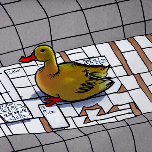 Image similar to a duck doing a crossword puzzle in the style of a new yorker cartoon