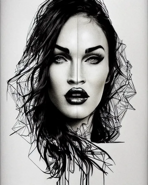 Image similar to megan fox face mash up with beautiful mountains, in the style of dan mountford, tattoo sketch, double exposure, hyper realistic, amazing detail, black and white