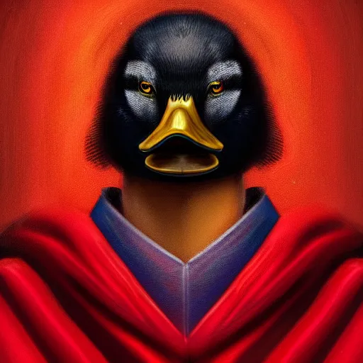 Prompt: portrait of cute mallard duck, wearing cultist red robe, inside a castle, black feathers, glowing arcane eyes, very detailed black feathers, ultra detailed, expressive oil painting digital art, 8 k, octane render, trending on art station, epic castle scene