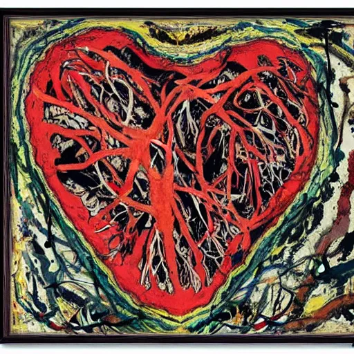 Prompt: jackson pollock painting of an anatomically correct human heart, organ, pathology specimen