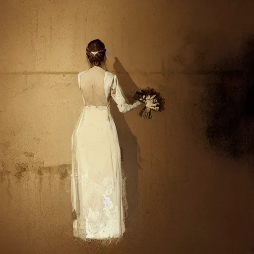 Image similar to A woman in a wedding dress in a dilapidated room, long shadow, dark room, vintage shading, warm colors, by Greg Rutkowski, artstation