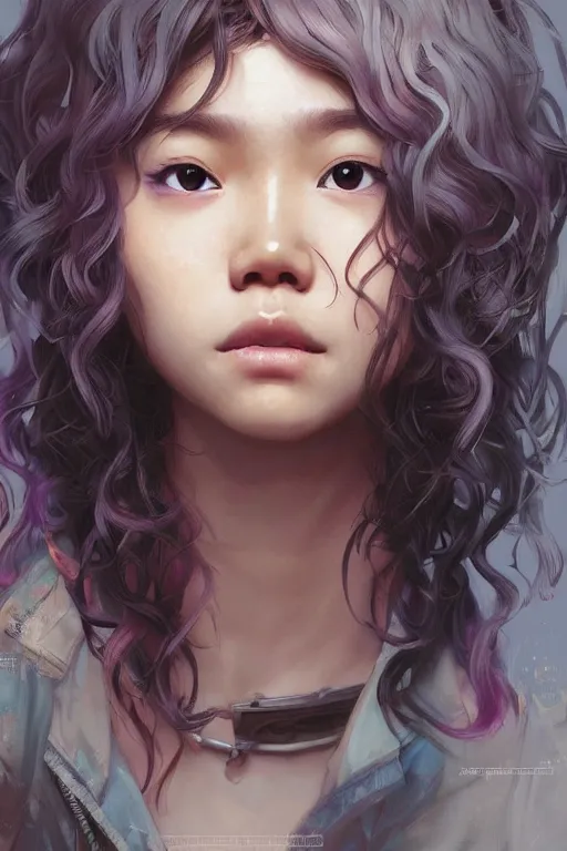 Image similar to portrait of a cute Thai girl with a messy curly hair, pastel hair, streetwear fashion, highly detailed, digital painting, artstation, concept art, sharp focus, illustration, art by artgerm and greg rutkowski and alphonse mucha