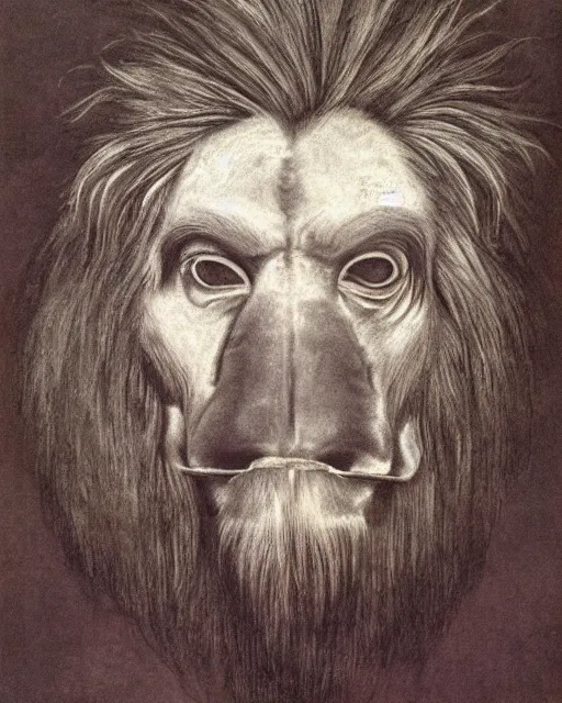 Image similar to a creature with the body and eyes of a man, with the beak of an eagle, the mane of a lion, and the horns of an ox. drawn by francis bacon