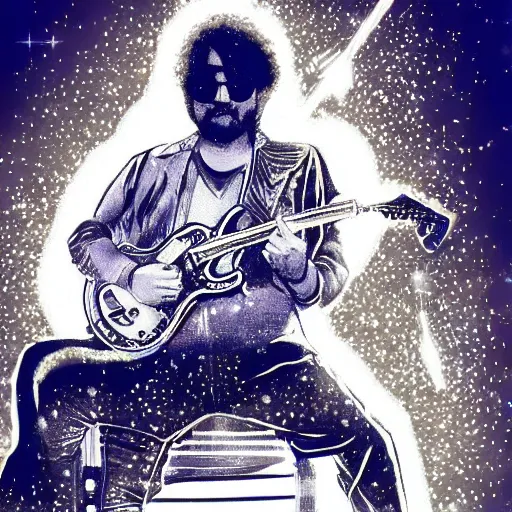 Prompt: a Jerry Garcia guitarist playing so intensely there is electricity shooting out from his guitar, energy beams under his finger tips, and magic sparkles from the freboard, amazing ditial art, trending on artstation, featured on deviantart