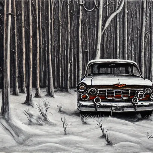 Image similar to rusty ford bel air in winter forest, grey scale, oil painting