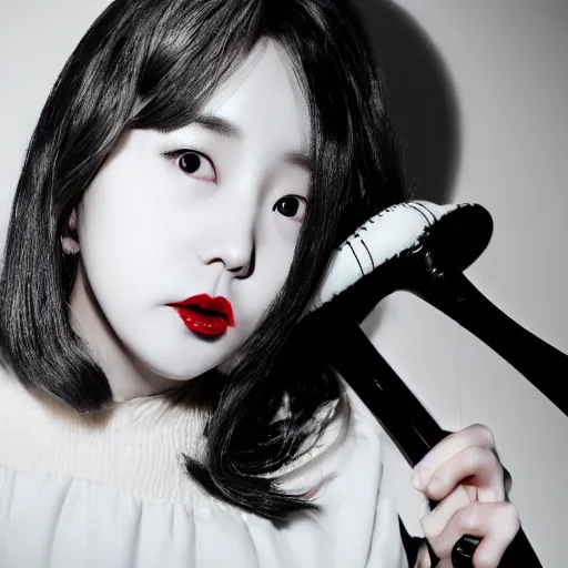 Image similar to photo of Chuu Kim Ji-woo from LOONA dressed as Negan, mischievous look with her barbed baseball bat Lucille, in the style of George Hurrell, white fog, octane render