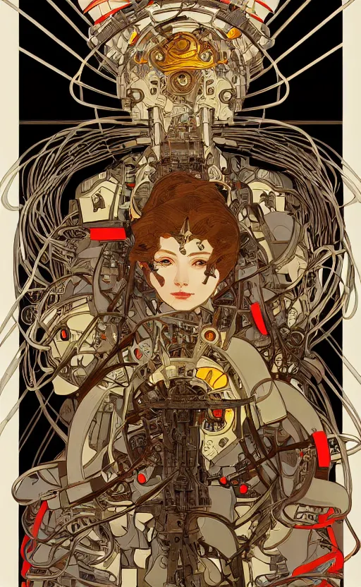 Image similar to upper half portrait of army mecha robot - wires and vines as poster design borders, art by alphonse mucha & utagawa kunisada, highly detailed, digital painting, concept art, illustration, smooth sharp focus, intricate, symmetry, artstation, colourful,