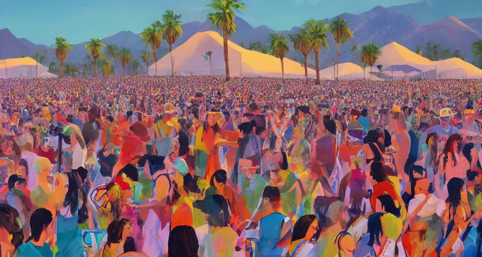 Prompt: a crowd watching a concert at Coachella, painting by Su Hanchen