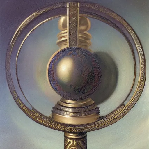 Image similar to in the center lays an ancient chromed artifact in the shape of a heavy ring, ornate with gentle shine from within. the ring lays on top of a marbled pedestal. the pedestal is in front of a dark misty balcony at night. beautiful lighting. dark moody fantasy art, realistic still life renaissance pastel painting.