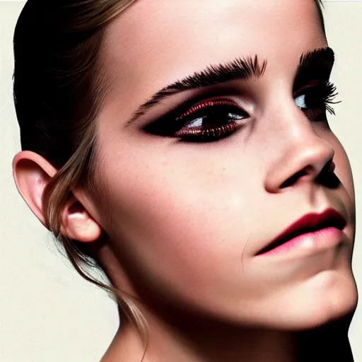 Image similar to emma watson Heavy Contour makeup look eye shadow smokey eyes fashion model face by artgem by brian bolland by alex ross