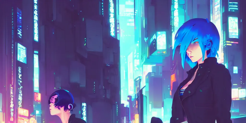 Image similar to digital illustration closeup of cyberpunk pretty girl with blue hair in city street at night by makoto shinkai, ilya kuvshinov, lois van baarle, rossdraws, basquiat