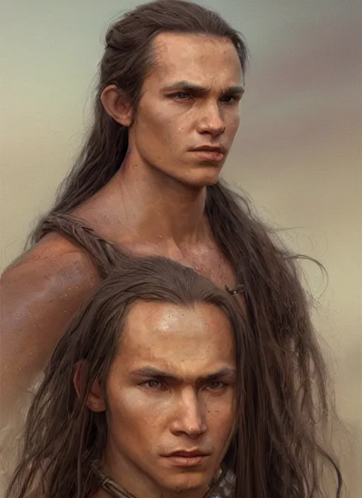 Prompt: a young shaman in his twenties with long light brown hair tied back, a large forehead, a widows peak and a round face with high cheekbones as a realistic d & d fantasy character, portrait art by donato giancola and greg rutkowski, vintage retro, realistic face, digital art, trending on artstation