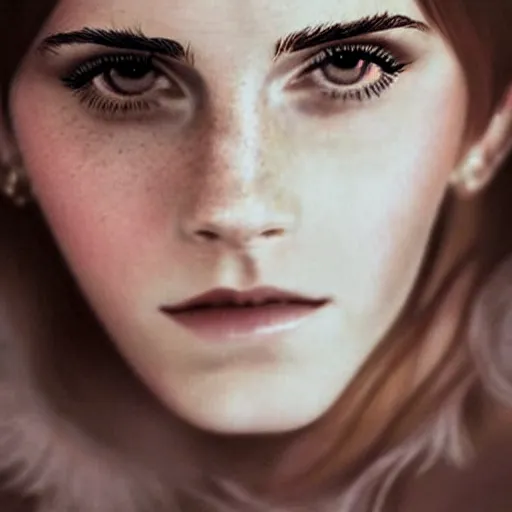 Prompt: a gorgeous female photo, emma watson, professionally retouched, soft lighting, wearing a feather dress, realistic, intricate, elegant, art by artgerm and wlop