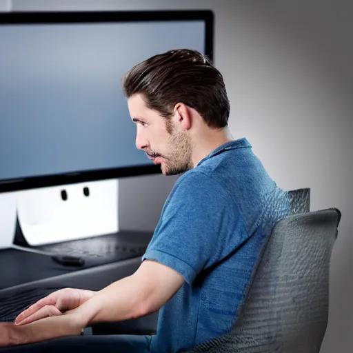 Prompt: annoyed man waiting for a friend in front of a computer