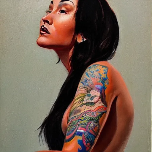 Prompt: painting of a beautiful woman with tattoos by hollis dunlap