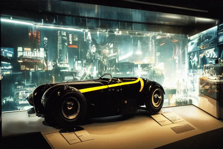 Image similar to cyberpunk 1 9 2 6 bugatti type 3 5, volumetric lighting, in a museum, museum exhibit, museum lighting, 9 0 s film photo