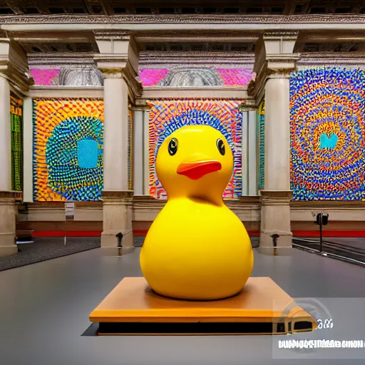 Image similar to wide shot, one photorealistic rubber duck in foreground on a pedestal in an museum gallery, british museum, the walls are covered with colorful geometric wall paintings in the style of sol lewitt, tall arched stone doorways, through the doorways are more wall paintings in the style of sol lewitt.