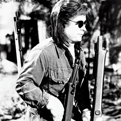 Image similar to ozzy osborne holding a rifle at zombies, photo