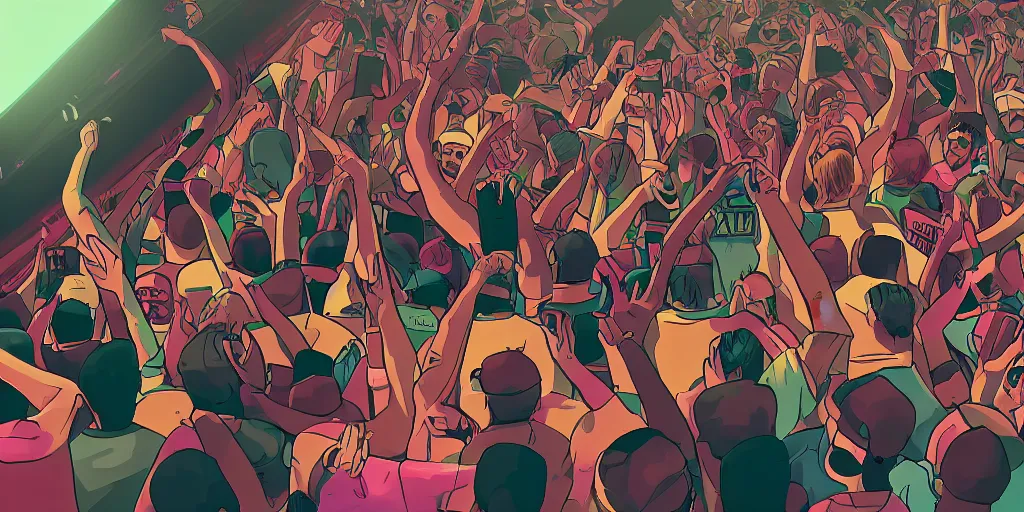 Image similar to rapper on stage over huge crowd reaching up to him, digital art, vapor wave, hip hop, trending on Artstation, professional artist, detailed, 4k