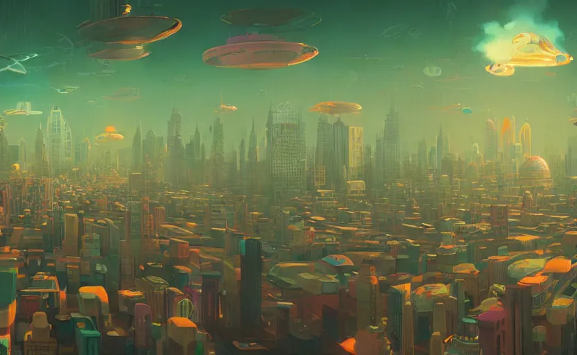 Prompt: Wide angle shot of a city with holographic fishes floating in the sky by Petros Afshar and Beeple, James Gilleard, Mark Ryden, Wolfgang Lettl highly detailed, Dark cineamtic and atmospheric lighting