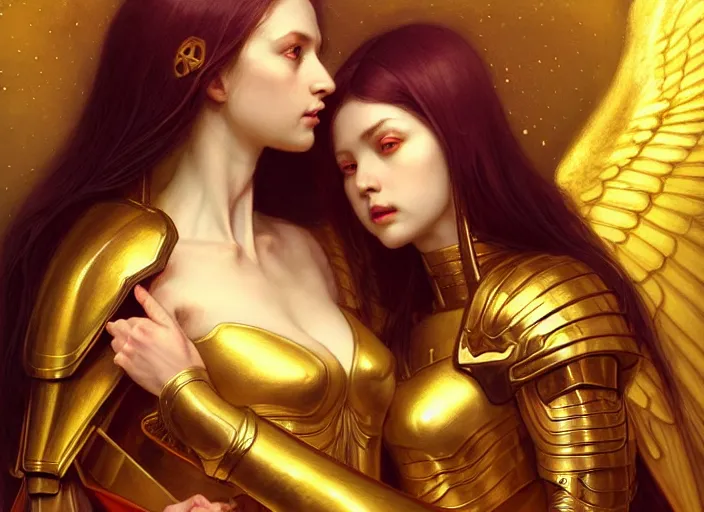 Image similar to portrait of demonic woman and angelic woman in armour, confident pose, pixie, genshin impact, intricate, elegant, golden ratio, sharp focus, soft bokeh, illustration, highly detailed, concept art, matte, trending on artstation, bright colors, art by wlop and artgerm and greg rutkowski, mucha, giger, marvel comics