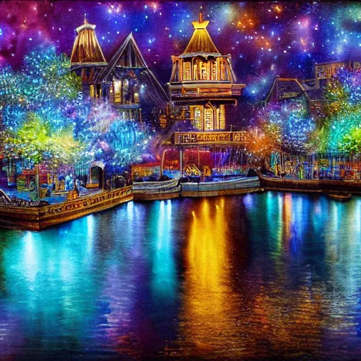 Image similar to A Mystic River, The River Is Full of Lights, Mysticism, Artwork, Watercolor, Indian Art, Cinematic, Exposure, Slit-Scan Photography, 2-Dimensional, 4k, Ultra-HD, Incandescent, Ray Tracing Reflections, insanely detailed and intricate, hypermaximalist, elegant, ornate, hyper realistic, super detailed:: watermark:: blurry:: cropped:: blur:: blurry:: out of focus:: by Dorothea Tanning, by Rene Magritte, by Victto Ngai