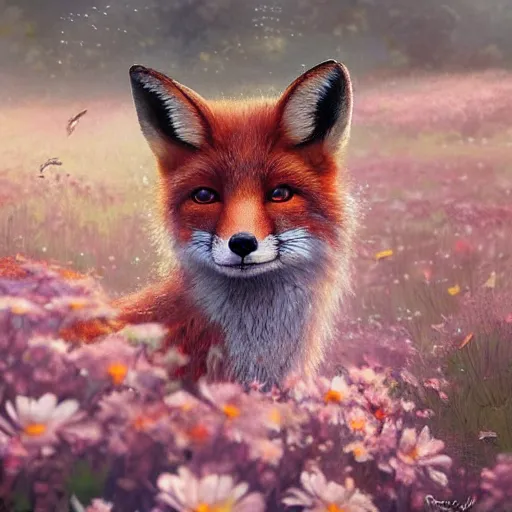 Image similar to a portrait of a cute fox in a field of beautiful flowers, by stanley lau and greg rutkowski