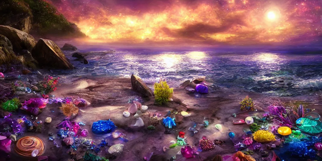 Image similar to a single glittering fairy beach cove at night full of crystals and magical glowing sea shells along the shore, a full moon, water and colorful flowers, extremely detailed oil painting, unreal 5 render, fantasy digital art, octane render, beautiful composition, trending on artstation, award-winning photograph, masterpiece