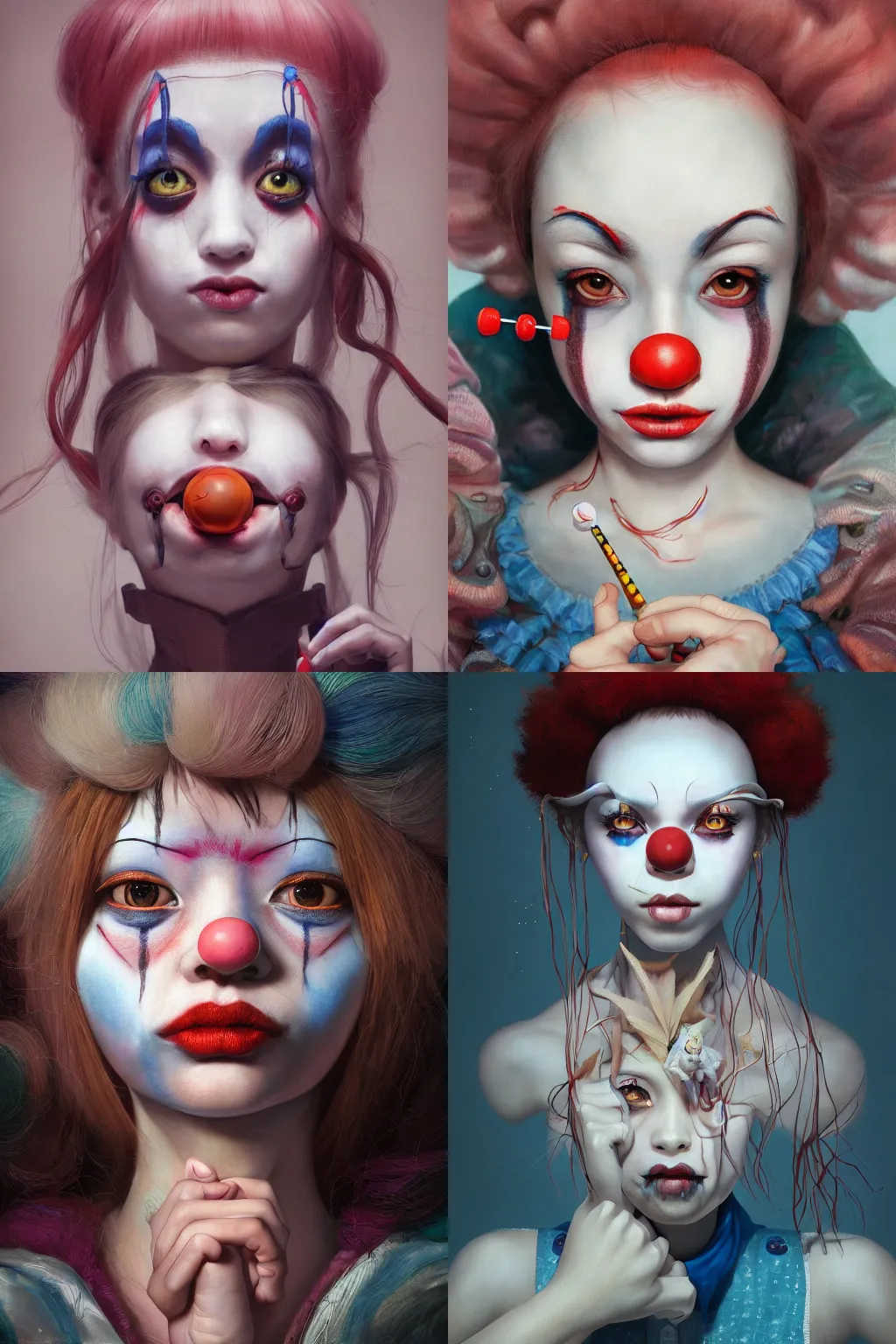 Image similar to breathtaking detailed painting of clown girl , with anxious, piercing eyes, Atari game cover art by Hsiao-Ron Cheng, James jean, Miho Hirano, Hayao Miyazaki, extremely moody lighting, hyperrealistic, octane render, RPG portrait, ambient light, dynamic lighting