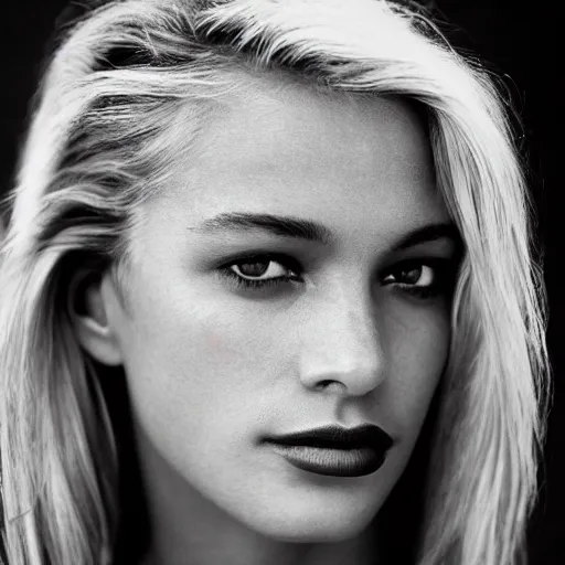 Prompt: black and white vogue closeup portrait by herb ritts of a beautiful female model, high contrast, zeiss 5 0 mm f 1. 8 lens