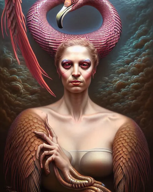 Prompt: a detailed portrait of dreampunk flamingo python hybrid mix goddess by tomasz alen kopera and peter mohrbacher