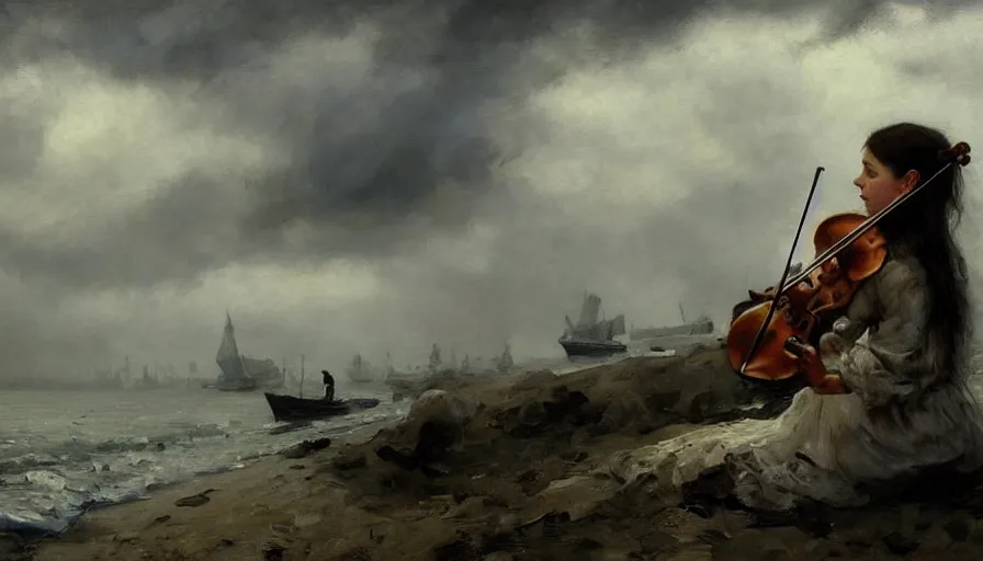 Image similar to angel alone playing on a violin near the shore, boats in the background, foggy morning, clouds in the sky, russian oil painting, serov, surikov, vasnetsov, repin, kramskoi, paint texture, uplight, insanely detailed and intricate, high resolution, Charlie Bowater, Tom Bagshaw, Norman Rockwell, octane rendered, unreal engine, illustration, trending on artstation, masterpiece, 8k