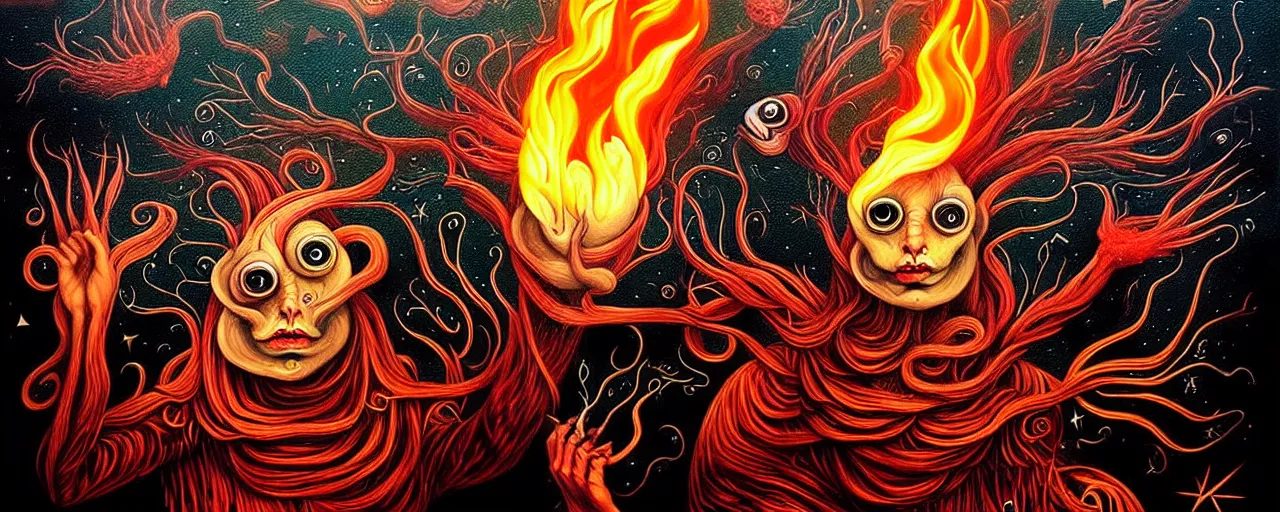 Prompt: whimsical fiery alchemical creatures, surreal dark uncanny mixed media painting by ronny khalil