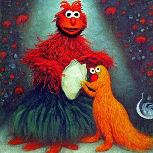 Image similar to by Remedios Varos, a portrait of Elmo from Sesame Street and his goldfish Dorothy, oil painting, traditional.