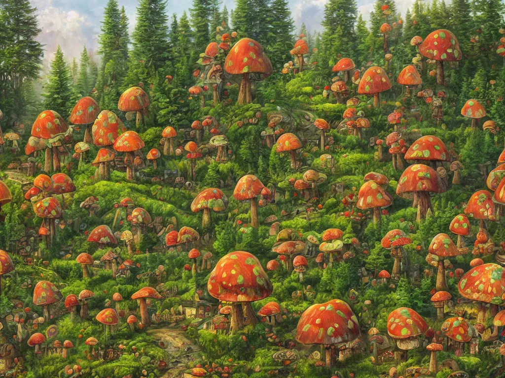 Prompt: A beautiful painting of a pine forest with a toadstool village, houses in the shape of mushrooms, whimsical cottagecore cabins, Digital Art by James Christensen, Trending on artstation