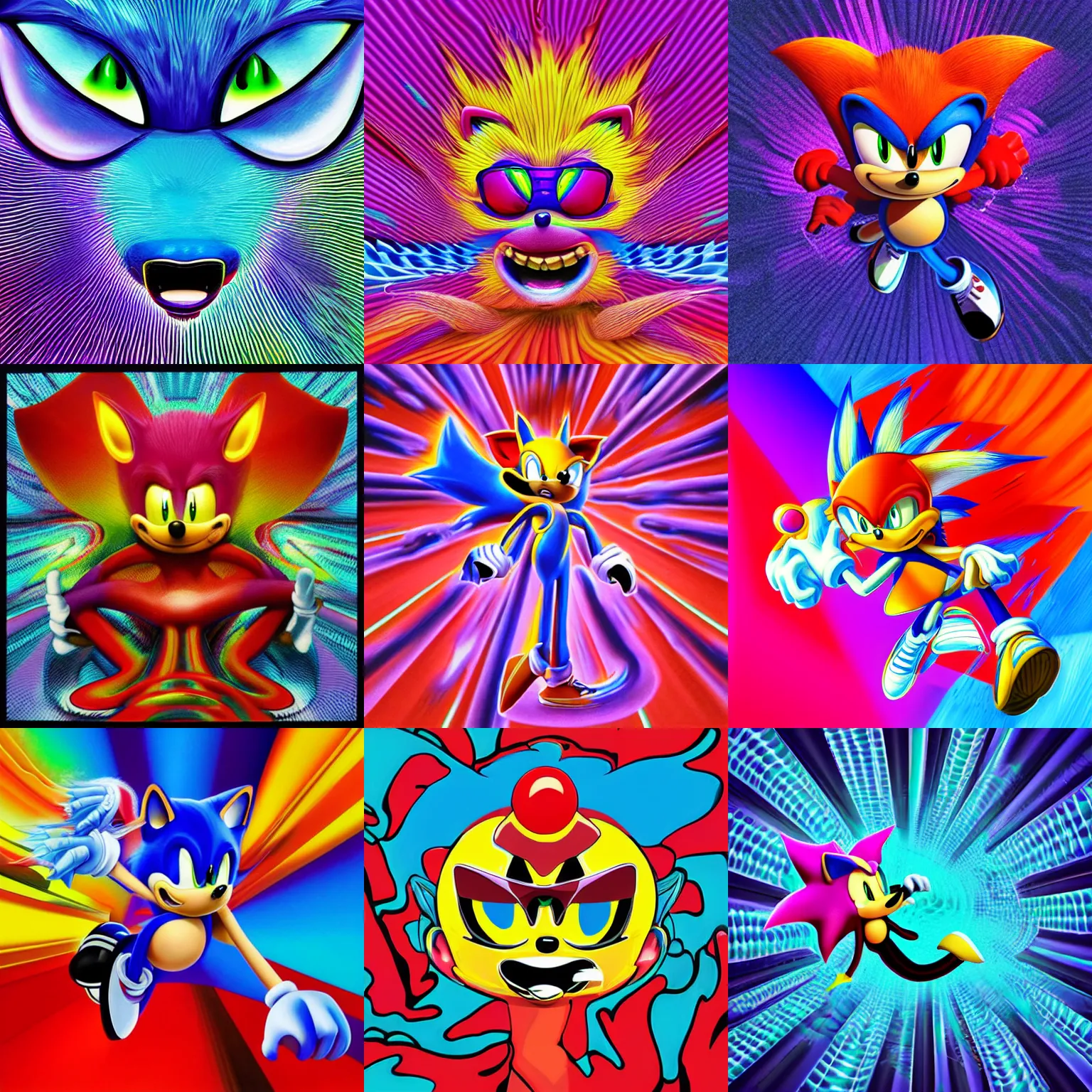 Prompt: surreal, sharp, detailed professional, high quality airbrush art MGMT album cover of a liquid dissolving LSD DMT sonic the hedgehog on a gradient checkerboard plane, 1990s 1992 prerendered graphics raytraced phong shaded album cover