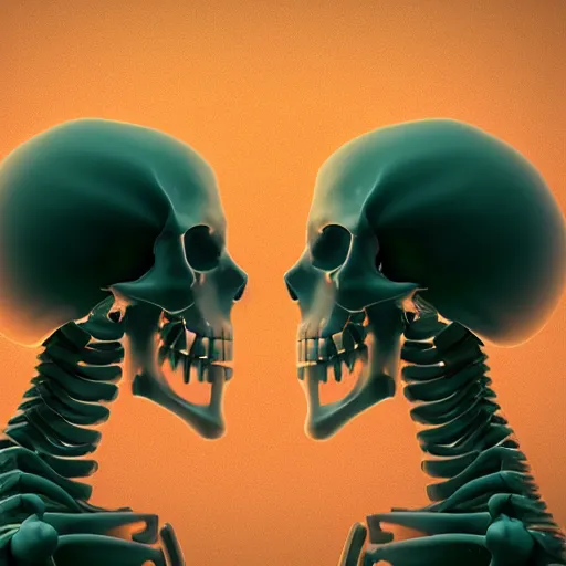 Prompt: A profile of two skeletons facing each other by Beeple, Trending on Artstation, Octane Render, 8K